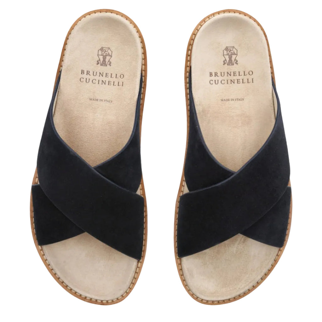 Brunello Cucinelli Black Suede Crossover Black Sandals