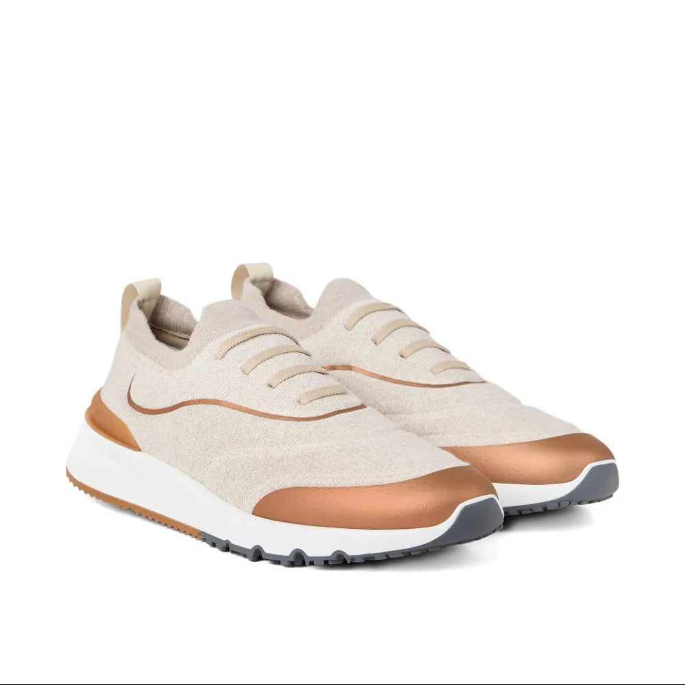 Brunello Cucinelli Techno Cotton Knit Runners With Heat-Bonded Details Biege