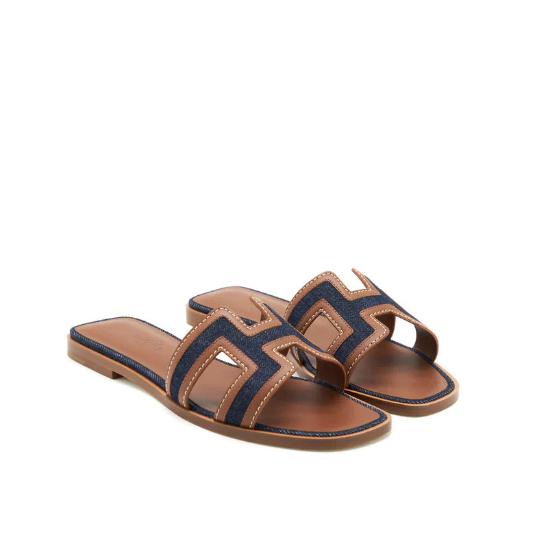 Hermes Oran Sandals Denim Canvas / Calfskin Blue Brut