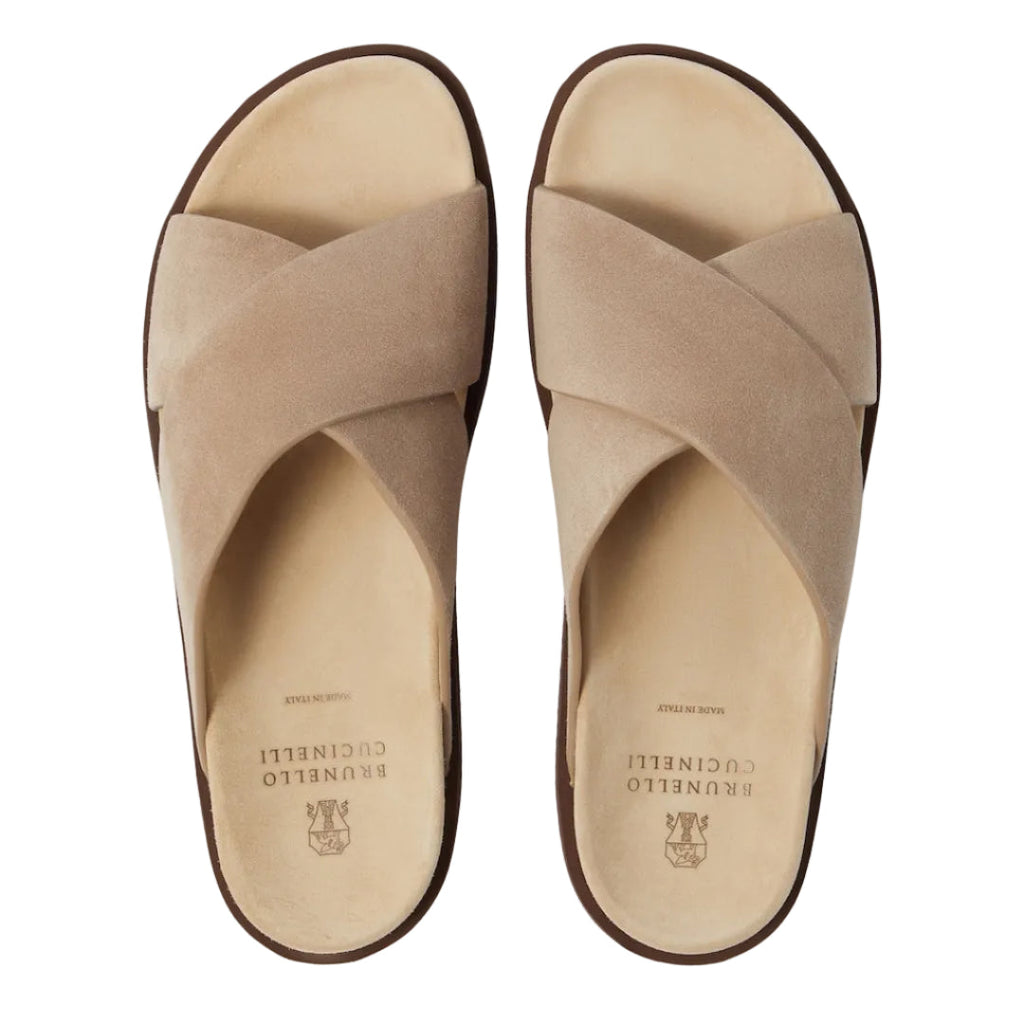 Brunello Cucinelli Biege Suede Crossover Sandals